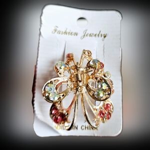 NWT MEDIUM SIZED GOLD ENAMEL & GEMS BUTTERFLY HAIR CLAW CLIP!